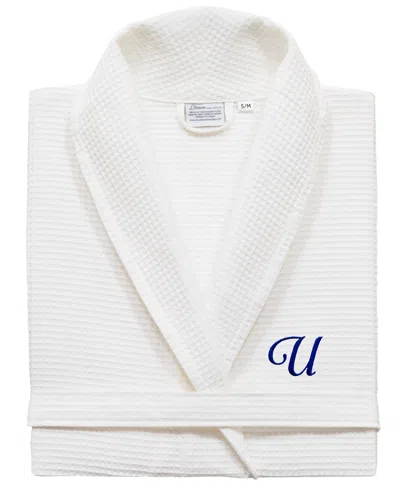 Linum Home Personalized Unisex Embroidered Turkish Cotton Waffle Weave Bathrobe In White