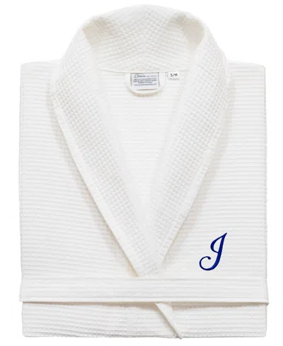 Linum Home Personalized Unisex Navy Embroidered Turkish Cotton Waffle Weave Bathrobe In White
