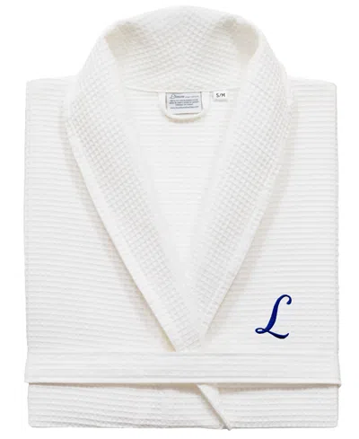 Linum Home Personalized Unisex Navy Embroidered Turkish Cotton Waffle Weave Bathrobe In White