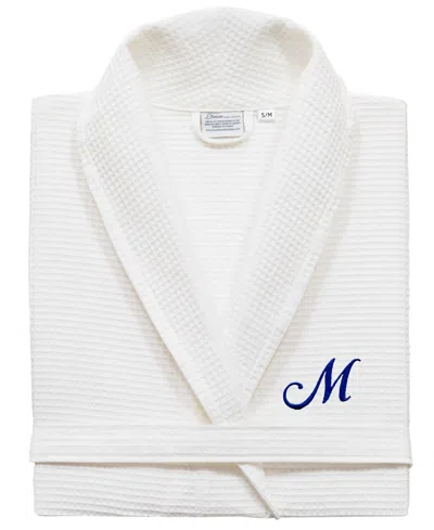 Linum Home Personalized Unisex Navy Embroidered Turkish Cotton Waffle Weave Bathrobe In White