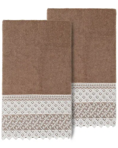Linum Home Textiles 100% Turkish Cotton Aiden 2pc White Lace Embellished Bath Towel Set In Beige