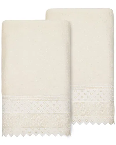 Linum Home Textiles 100% Turkish Cotton Aiden 2pc White Lace Embellished Bath Towel Set In Cream
