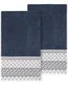 Linum Home Textiles 100% Turkish Cotton Aiden 2pc White Lace Embellished Bath Towel Set In Navy