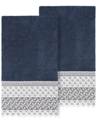 Linum Home Textiles 100% Turkish Cotton Aiden 2pc White Lace Embellished Bath Towel Set In Navy