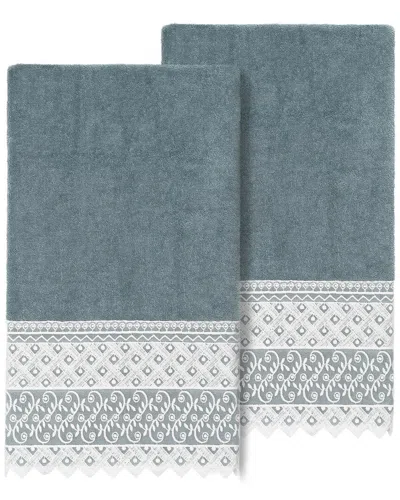 Linum Home Textiles 100% Turkish Cotton Aiden 2pc White Lace Embellished Bath Towel Set In Teal
