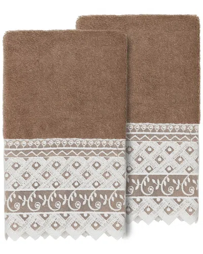 Linum Home Textiles 100% Turkish Cotton Aiden 2pc White Lace Embellished Hand Towel Set In Beige