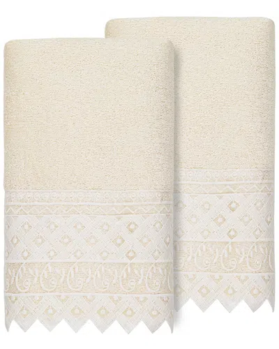 Linum Home Textiles 100% Turkish Cotton Aiden 2pc White Lace Embellished Hand Towel Set In Cream