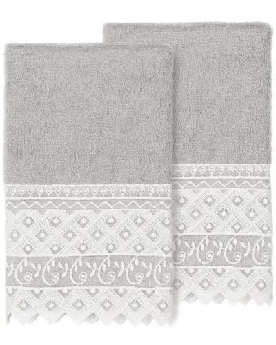 Linum Home Textiles 100% Turkish Cotton Aiden 2pc White Lace Embellished Hand Towel Set In Gray