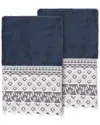 Linum Home Textiles 100% Turkish Cotton Aiden 2pc White Lace Embellished Hand Towel Set In Navy