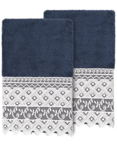 Linum Home Textiles 100% Turkish Cotton Aiden 2pc White Lace Embellished Hand Towel Set In Navy