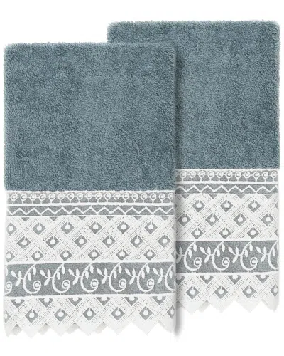 Linum Home Textiles 100% Turkish Cotton Aiden 2pc White Lace Embellished Hand Towel Set In Teal
