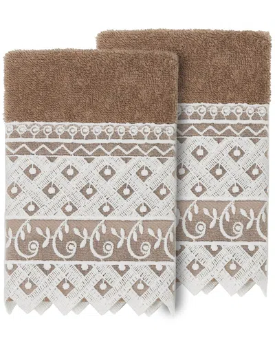 Linum Home Textiles 100% Turkish Cotton Aiden 2pc White Lace Embellished Washcloth Set In Beige
