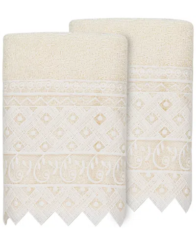 Linum Home Textiles 100% Turkish Cotton Aiden 2pc White Lace Embellished Washcloth Set In Cream