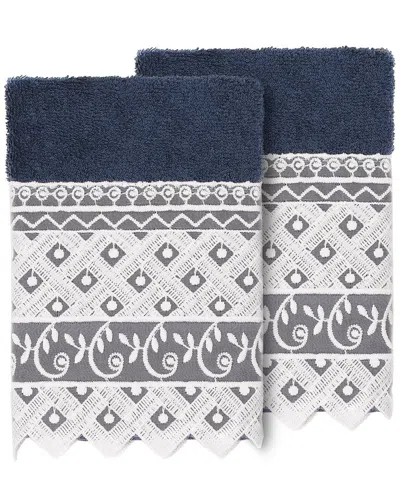 Linum Home Textiles 100% Turkish Cotton Aiden 2pc White Lace Embellished Washcloth Set In Navy