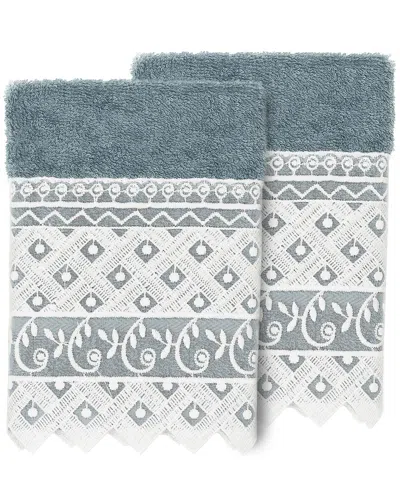 Linum Home Textiles 100% Turkish Cotton Aiden 2pc White Lace Embellished Washcloth Set In Teal