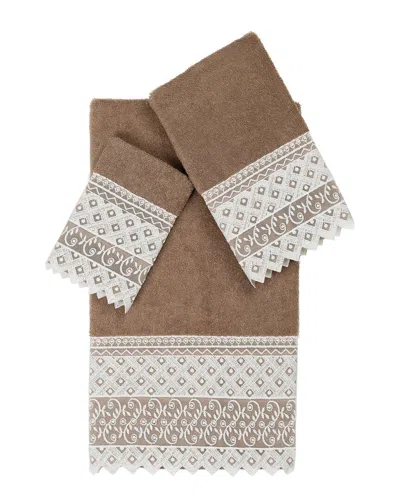 Linum Home Textiles 100% Turkish Cotton Aiden 3pc White Lace Embellished Towel Set In Beige