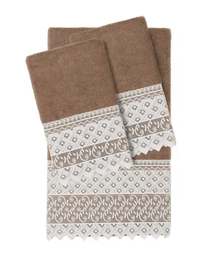 Linum Home Textiles 100% Turkish Cotton Aiden 3pc White Lace Embellished Towel Set In Beige