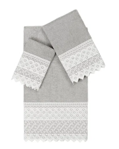 Linum Home Textiles 100% Turkish Cotton Aiden 3pc White Lace Embellished Towel Set In Gray