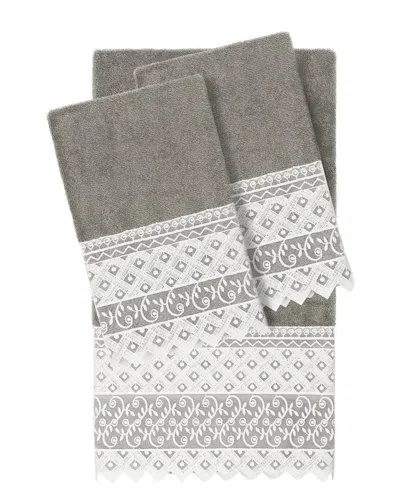 Linum Home Textiles 100% Turkish Cotton Aiden 3pc White Lace Embellished Towel Set In Gray