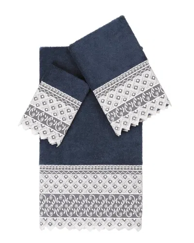 Linum Home Textiles 100% Turkish Cotton Aiden 3pc White Lace Embellished Towel Set In Navy