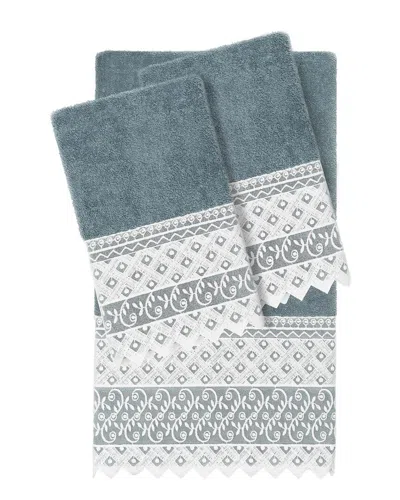 Linum Home Textiles 100% Turkish Cotton Aiden 3pc White Lace Embellished Towel Set In Teal