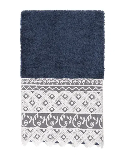 Linum Home Textiles 100% Turkish Cotton Aiden White Lace Embellished Hand Towel In Navy