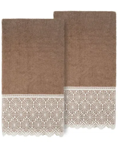 Linum Home Textiles 100% Turkish Cotton Arian 2pc Cream Lace Embellished Bath Towel Set In Beige