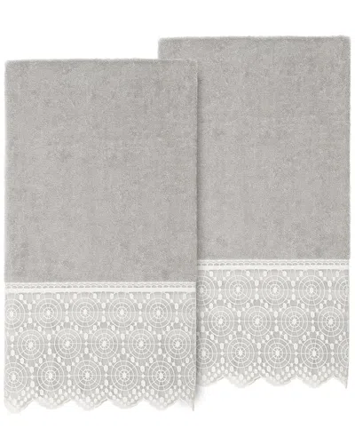 Linum Home Textiles 100% Turkish Cotton Arian 2pc Cream Lace Embellished Bath Towel Set In Gray