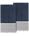 Linum Home Textiles 100% Turkish Cotton Arian 2pc Cream Lace Embellished Bath Towel Set In Navy