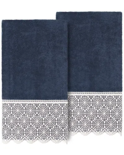 Linum Home Textiles 100% Turkish Cotton Arian 2pc Cream Lace Embellished Bath Towel Set In Navy