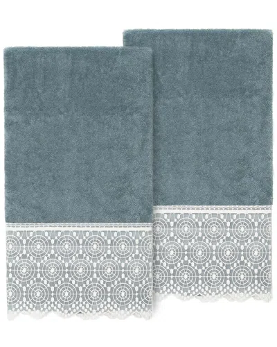 Linum Home Textiles 100% Turkish Cotton Arian 2pc Cream Lace Embellished Bath Towel Set In Teal
