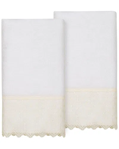 Linum Home Textiles 100% Turkish Cotton Arian 2pc Cream Lace Embellished Bath Towel Set In White