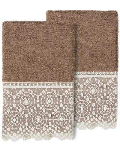 Linum Home Textiles 100% Turkish Cotton Arian 2pc Cream Lace Embellished Hand Towel Set In Beige