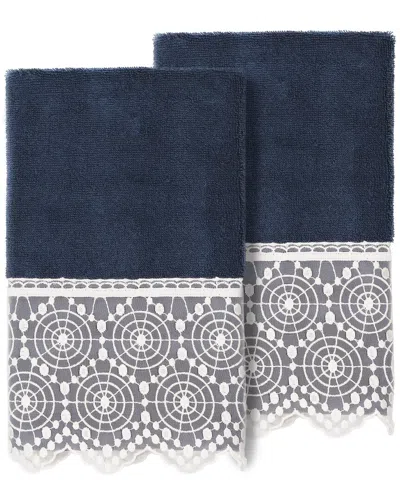Linum Home Textiles 100% Turkish Cotton Arian 2pc Cream Lace Embellished Hand Towel Set In Navy