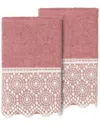 Linum Home Textiles 100% Turkish Cotton Arian 2pc Cream Lace Embellished Hand Towel Set In Pink