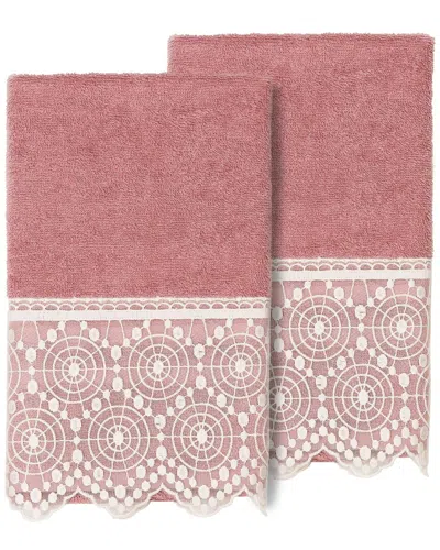 Linum Home Textiles 100% Turkish Cotton Arian 2pc Cream Lace Embellished Hand Towel Set In Pink