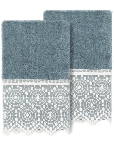 Linum Home Textiles 100% Turkish Cotton Arian 2pc Cream Lace Embellished Hand Towel Set In Teal