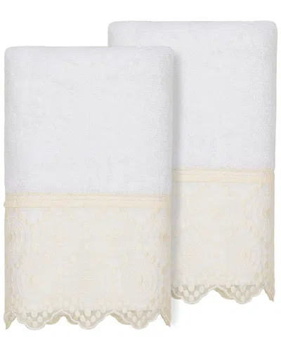 Linum Home Textiles 100% Turkish Cotton Arian 2pc Cream Lace Embellished Hand Towel Set In White