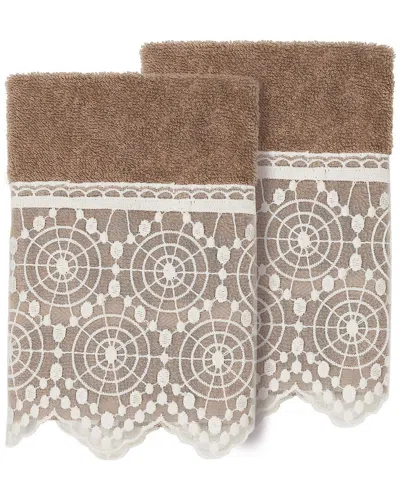 Linum Home Textiles 100% Turkish Cotton Arian 2pc Cream Lace Embellished Washcloth Set In Beige