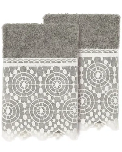 Linum Home Textiles 100% Turkish Cotton Arian 2pc Cream Lace Embellished Washcloth Set In Gray
