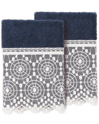 Linum Home Textiles 100% Turkish Cotton Arian 2pc Cream Lace Embellished Washcloth Set In Navy