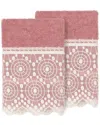 Linum Home Textiles 100% Turkish Cotton Arian 2pc Cream Lace Embellished Washcloth Set In Pink