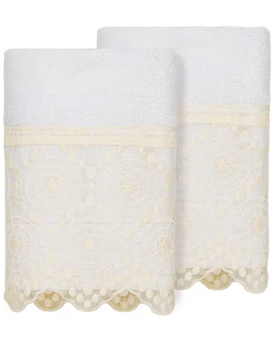 Linum Home Textiles 100% Turkish Cotton Arian 2pc Cream Lace Embellished Washcloth Set In White