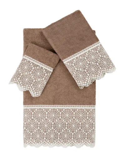 Linum Home Textiles 100% Turkish Cotton Arian 3pc Cream Lace Embellished Towel Set In Beige