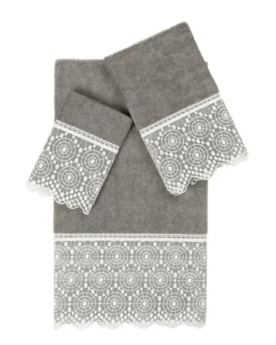 Linum Home Textiles 100% Turkish Cotton Arian 3pc Cream Lace Embellished Towel Set In Gray