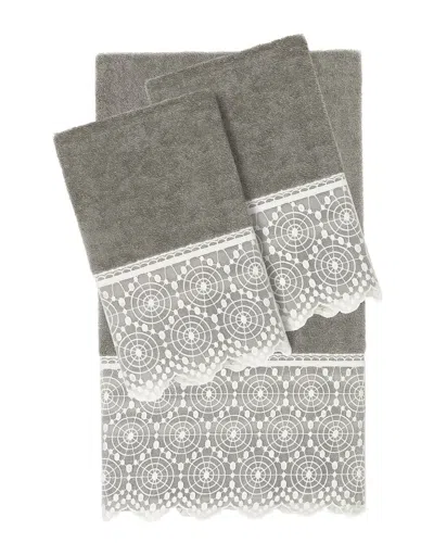 Linum Home Textiles 100% Turkish Cotton Arian 3pc Cream Lace Embellished Towel Set In Gray