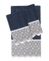 Linum Home Textiles 100% Turkish Cotton Arian 3pc Cream Lace Embellished Towel Set In Navy