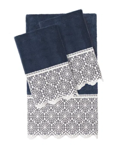 Linum Home Textiles 100% Turkish Cotton Arian 3pc Cream Lace Embellished Towel Set In Navy