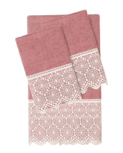 Linum Home Textiles 100% Turkish Cotton Arian 3pc Cream Lace Embellished Towel Set In Pink