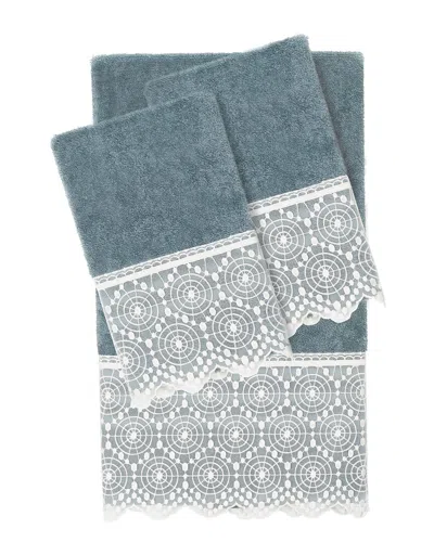 Linum Home Textiles 100% Turkish Cotton Arian 3pc Cream Lace Embellished Towel Set In Teal